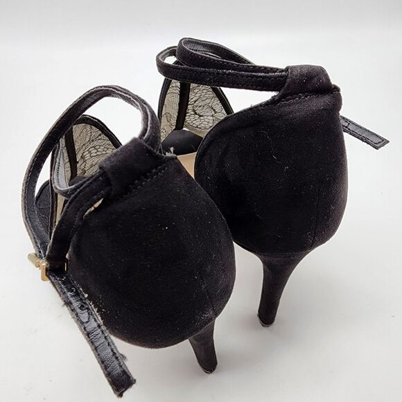 BCBG Black Mesh Floral Lace Stiletto Heels Size 11 Ankle Strap Open Toe Wedding - Picture 11 of 13